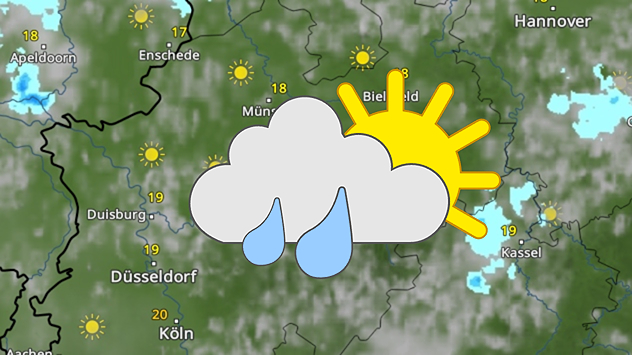 Wetterkarte mit Sonne-Wolken-Symbol und Regentropfen.