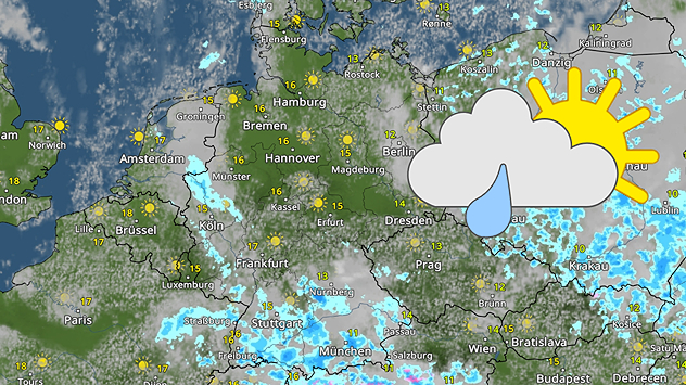 WetterRadar-Karte zeigt wechselhaftes Wetter über Mitteleuropa: Viele Sonnen- und Regensymbole, Temperaturen meist zwischen 11 °C und 16 °C, große Wolke mit Sonne und Regentropfen symbolisiert Schauer und freundliche Abschnitte.