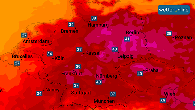 Karte eines Wettermodells für Sonntag mit berechneten Höchsttemperaturen in Mitteleuropa. Über Deutschland werden vielerorts 35 bis 40 Grad, regional sogar 41 Grad angezeigt.