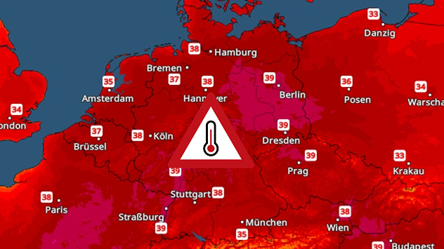 TemperaturRadar für Samstag mit roten und violetten Farbtönen über Mitteleuropa. In Deutschland werden Höchstwerte bis nahe 40 Grad angezeigt, ergänzt durch ein Hitzewarnsymbol.