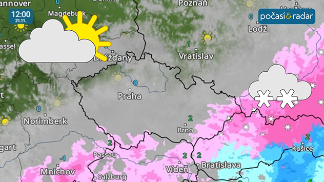 Meteoradar, screenshot, 21. 11., 12:00: Zejména na severozápadě Čech se během pátečního dne přechodně ukáže až polojasná obloha, zatímco na krajním jihu a východě území se místy vyskytne sněžení.