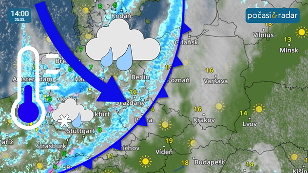 Meteoradar, screenshot, 25. 3. 14:00: Výraznou změnu do českého počasí vnese přechod studené fronty ve středu.