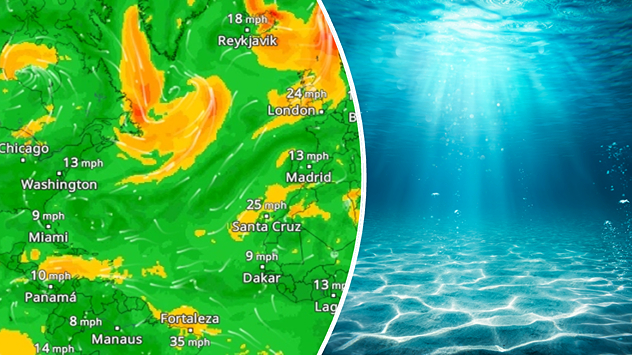 A weather map shows a calm Atlantic Ocean with no hurricanes, alongside a picture of the sea.