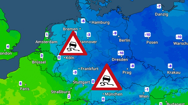 Wetterkarte mit negativen Tiefstwerten in Deutschland. Warnzeichen markieren Glättegefahr. Frostige Temperaturen am frühen Freitag.