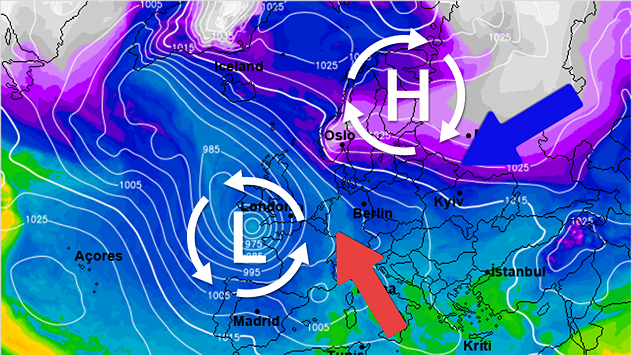 De weerkaart voor eind van de week toont grote temperatuurverschillen. Vrieskou ligt net ten noorden en oosten van ons op de loer.