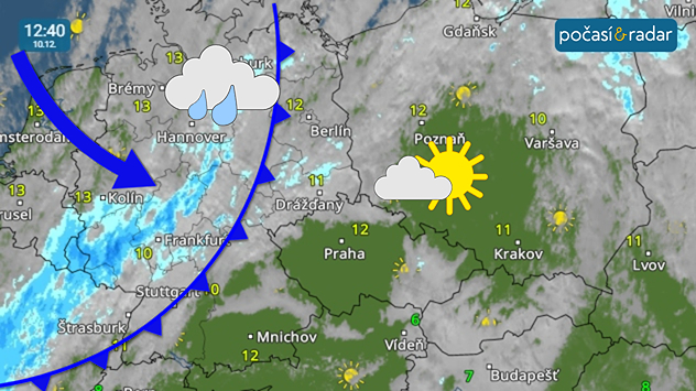 Meteoradar, screenshot, 10. 12. 12:40: Na velké části území Čech ve středu panuje slunečné a teplé počasí; na severu Čech a na Moravě naopak často leží nízká oblačnost či mlhy. Od severozápadu se k nám pozvolna blíží oblačnost a slabé srážky studené fronty.