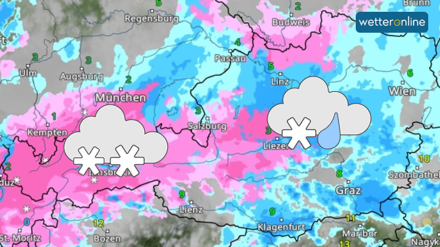 Die Wetterkarte zeigt in pinker Farbe Schneefall in den Alpen.