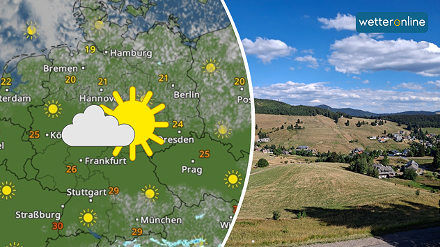 WetterRadar ohne Regen neben einem Foto von einer vertrockneten Landschaft
