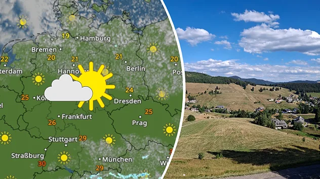 WetterRadar ohne Regen neben einem Foto von einer vertrockneten Landschaft