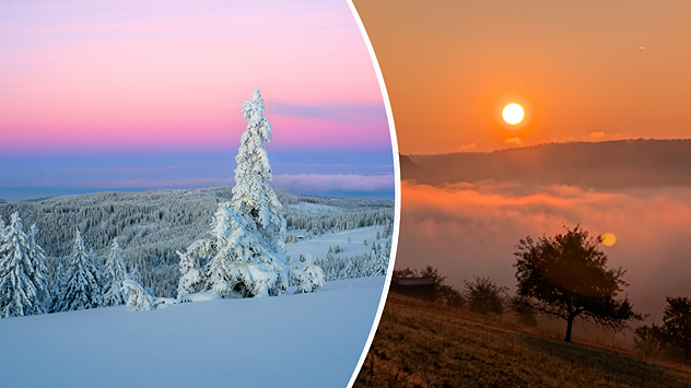Schnee auf dem Feldberg im Schwarzwald und Sonne über dem Nebel im Main-Tauber-Kreis