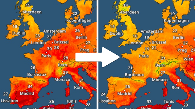 Two-part map of Europe showing temperature distribution: on the left, high temperatures above 30°C in France, Germany and Italy; on the right, significantly cooler with temperatures below 20°C in London, Brussels and Amsterdam. A white arrow between the maps marks the change in temperature.