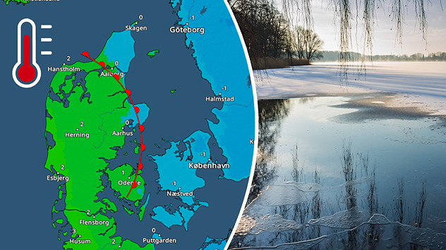 Kombineret grafik med temperaturkort over Danmark og foto af isdækket sø, der illustrerer varmefront og temperatur.
