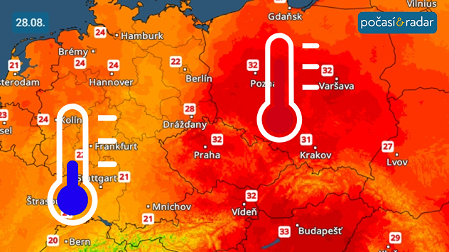 Předpověď maximálních teplot ve střední Evropě, 28. 8. Ve čtvrtek do Česka vrcholí příliv teplého vzduchu od jihu, maximální teploty místy přesahují tropických 30 °C.