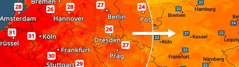 Vergleich zweier Temperaturkarten für Mitteleuropa. Links schwülwarme Luft mit Temperaturen um 30 Grad, rechts deutlich kühlere Werte um 20 bis 24 Grad Anfang Juni.