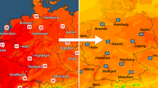 Vergleich zweier Temperaturkarten für Mitteleuropa. Links schwülwarme Luft mit Temperaturen um 30 Grad, rechts deutlich kühlere Werte um 20 bis 24 Grad Anfang Juni.