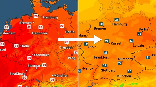 Vergleich zweier Temperaturkarten für Mitteleuropa. Links schwülwarme Luft mit Temperaturen um 30 Grad, rechts deutlich kühlere Werte um 20 bis 24 Grad Anfang Juni.