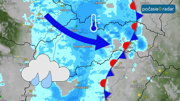 Snímka meteoradaru s vyznačením polohy zvlneného studeného frontu nad spojnicou Košice-Prešov. Vyznačené aj prúdenie studeného vzduchu od severozápadu spolu so symbolom dažďa.