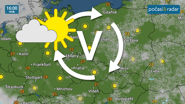 Meteoradar, screenshot, úterý 19. 8. 16:00: První dny nového týdne formuje české počasí přítomnost tlakové výše. Panuje tak klidné a slunečné počasí s chladnějšími nocemi a velmi teplými dny.