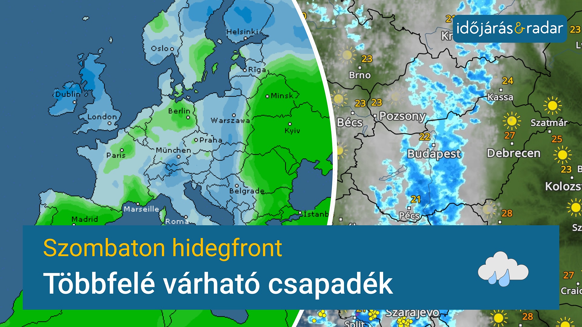 csapadéktérképek: valószínűségi bal oldalt, jobb oldalt előrejelzés