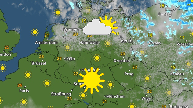 Das Bild zeigt einen insgesamt freundlichen und warmen Spätsommertag mit viel Sonne, besonders im Westen und Süden Deutschlands sowie in Frankreich. Der Norden und Osten sind dagegen etwas kühler und wolkiger.