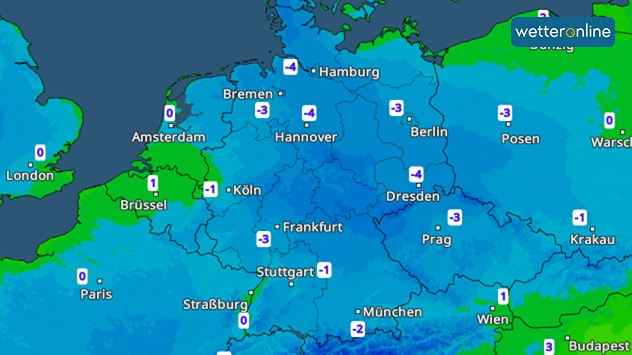 Wetterkarte mit Frostwerten und Warnschild für Glätte in Deutschland.