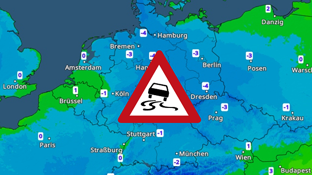 Wetterkarte mit Frostwerten und Warnschild für Glätte in Deutschland.
