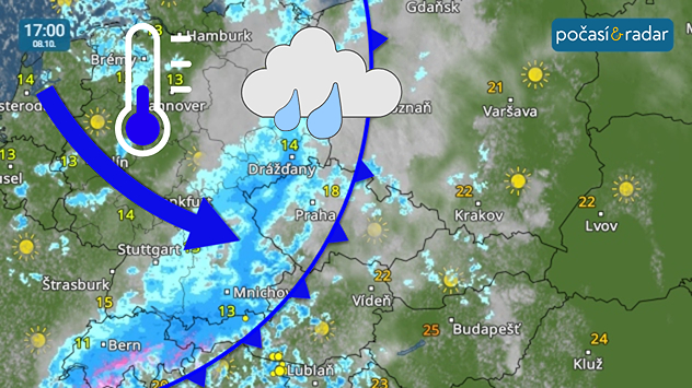 Meteoradar, screenshot, 8. října 17:00: Výraznou změnu počasí k nám pozve čtvrteční studená fronta.