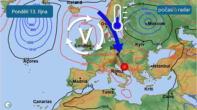 Předpověď synoptické situace nad Evropou na pondělí 13. 10. Česko se zkraje nového týdne ocitne v chladném severním proudění na předním okraji tlakové výše se středem nad Britskými ostrovy.