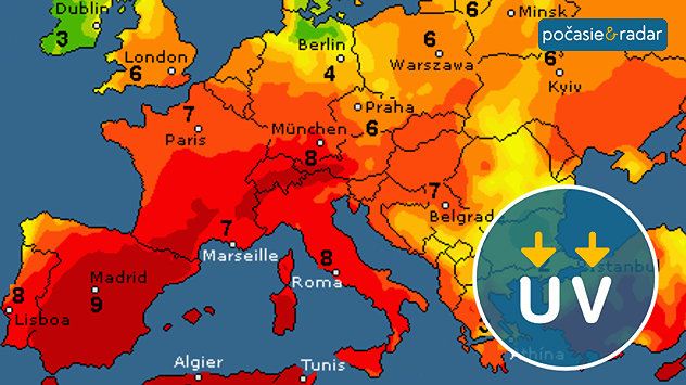 Mapa Európy s vysokým UV indexom nad južnou Európou a Stredomorím