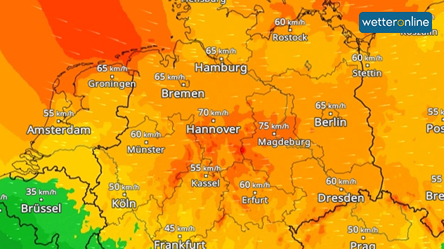 WindRadar zeigt stürmischen Wind am Sonntag