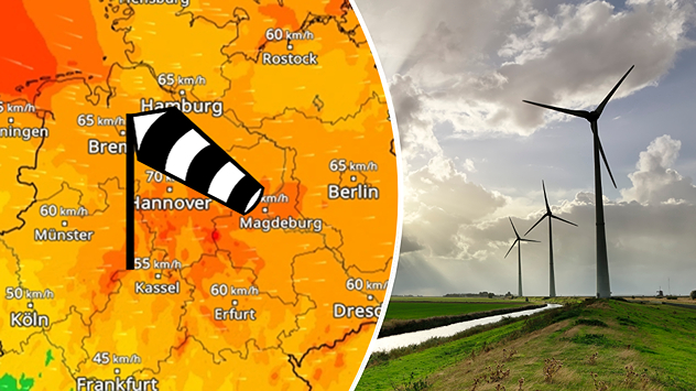 WindRadar mit stürmischem Wind am Sonntag und Foto von Windrädern