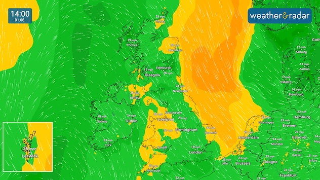 Wind map of the UK and Ireland, showing stronger gusts along the UK's coasts. Calmer inland.