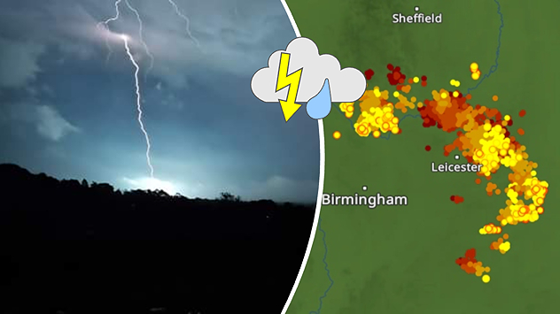 Split image showing a nighttime lightning strike beneath storm clouds on the left and a lightning detection map with dense storm activity across central England on the right.