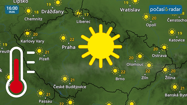 Meteoradar, screenshot, 25. 4. 16:00: Sobota do Česka přinese slunečné počasí s odpoledními teplotami kolem 20 °C.