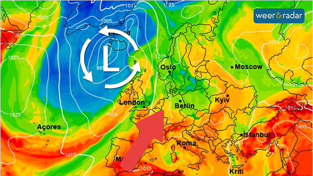 De Europese weerkaart voor komend weekend toont een lagedrukgebied ten westen van de Britse Eilanden. Deze stuurt warme nazomerlucht naar West-Europa.