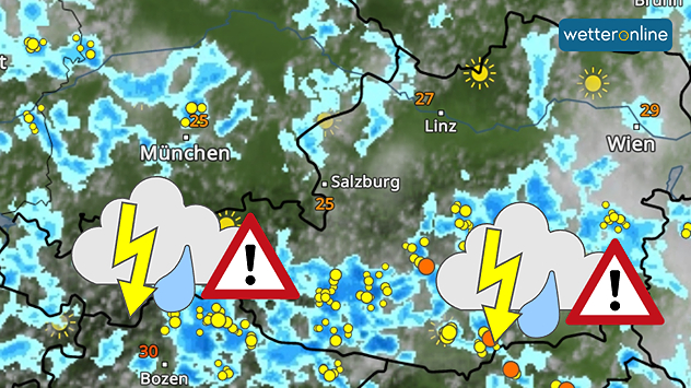 Wetterkarte zeigt kräftige Gewitter am Freitag in Österreich.