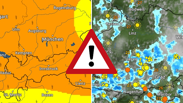 Warnkarte und WetterRadar mit kräftigen Gewittern am Freitag für Österreich.