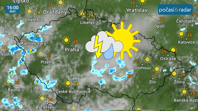V pátek bude nad Českem převažovat polojasno až oblačno, lokální přeháňky a bouřky se budou odpoledne a večer vyskytovat zejména v severozápadní polovině Čech.
