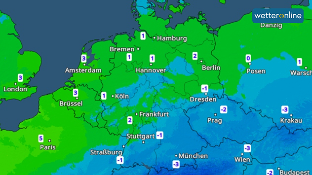 Wetterkarte mit Temperaturen von -3 bis 5 Grad, deutlicher Kältegrenze über Mitteleuropa.