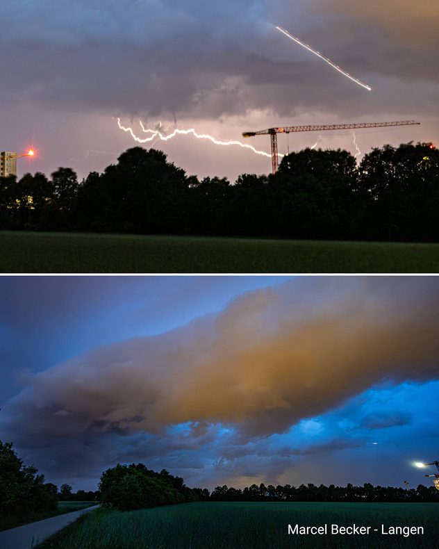 Mehrere Blitze leuchten am Abendhimmel über einer Gewitterfront bei Langen.