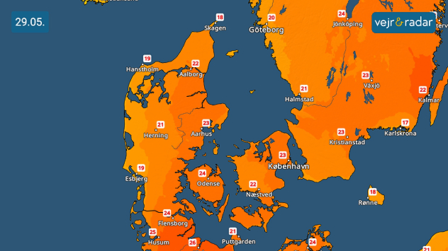 VejrRadar over Danmark den 29. maj med sommerlige temperaturer mellem 18 og 26 grader.