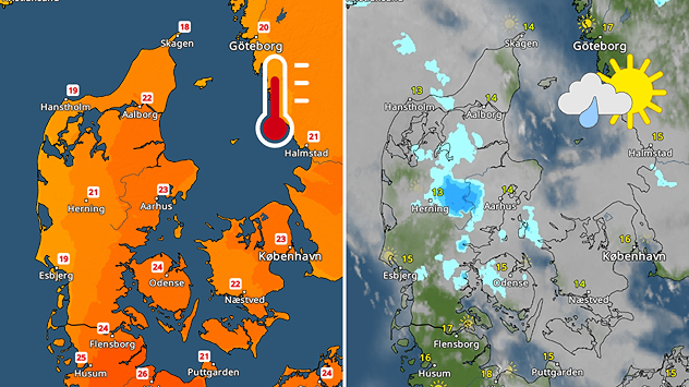 Sammenligning af VejrRadar over Danmark med sommerlige temperaturer efterfulgt af byger og mere ustadigt vejr.