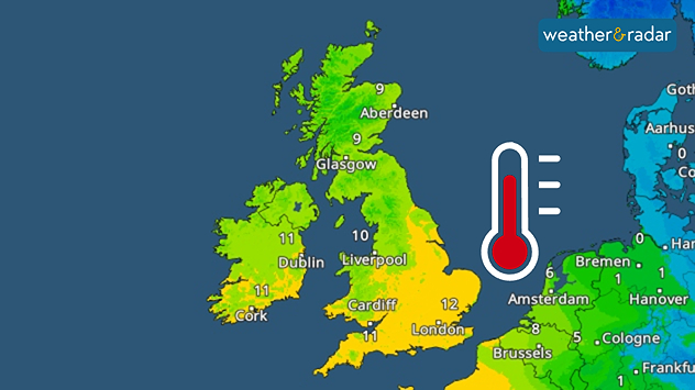Temperature map of the UK and nearby Europe showing green to yellow shading, city labels with values such as 9 in Aberdeen, 10 in Liverpool, 11 in Dublin, and 12 in London, plus a red thermometer icon on the right.