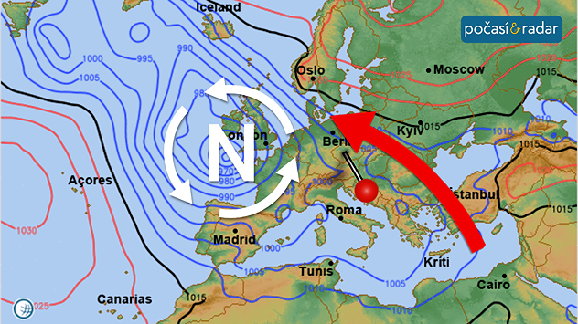 Stav synoptické situace nad Evropou, pátek 23. ledna: Nad střední Evropou svým okrajem zasahuje rozsáhlá oblast nízkého tlaku vzduchu nad západní Evropou.