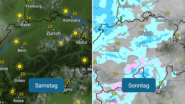 WetterRadar für die Schweiz am Samstag links und am Sonntag rechts.