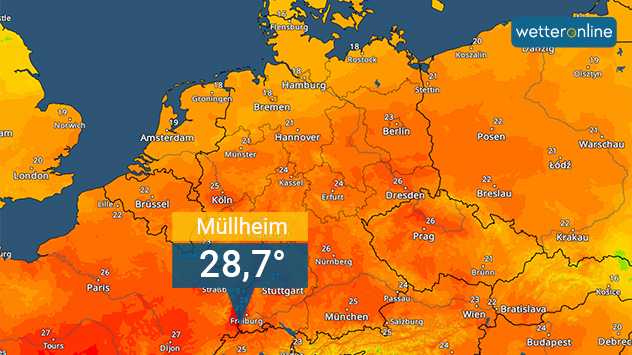 Das TemperaturRadar zeigt die Tageshöchstwerte von Mittwoch an.