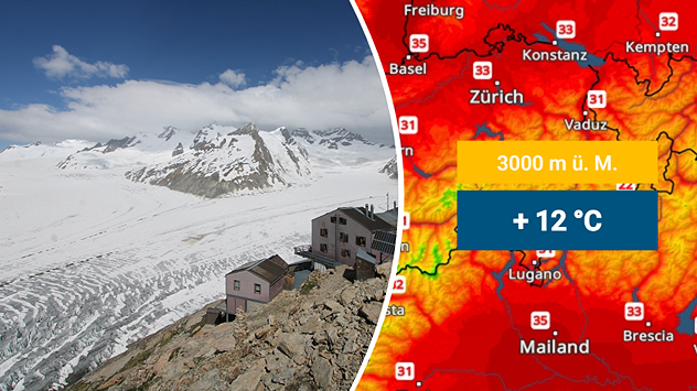 Links ein Webcambild vom Aletschgletscher, rechts das TemperaturRadar, das die Wärme in den Alpen zeigt.