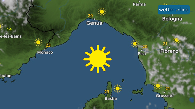Wetterkarte mit Sonnensymbolen und Temperaturen um 20 Grad über dem Ligurischen Meer.
