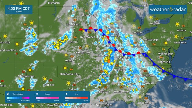El WeatherRadar muestra un frente estancado sobre el Medio Oeste y el Medio Sur.
