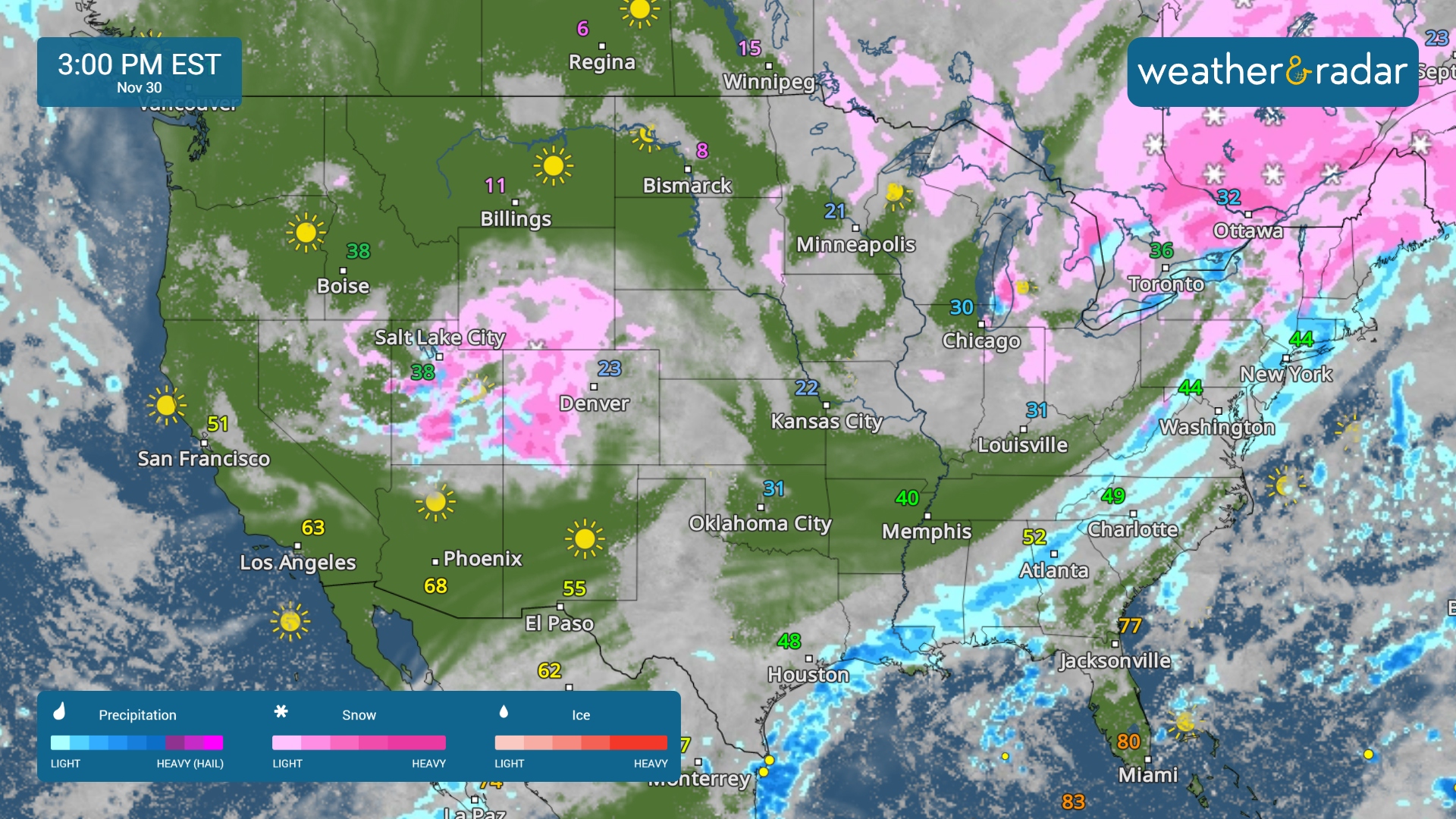 The WeatherRadar shows you all of the travel trouble spots.